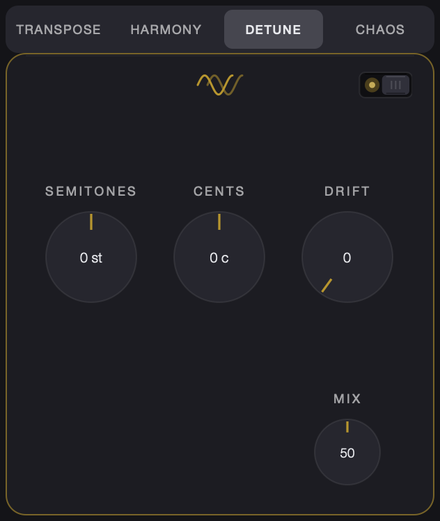 Detune tab: semitones, cents, drift and mix