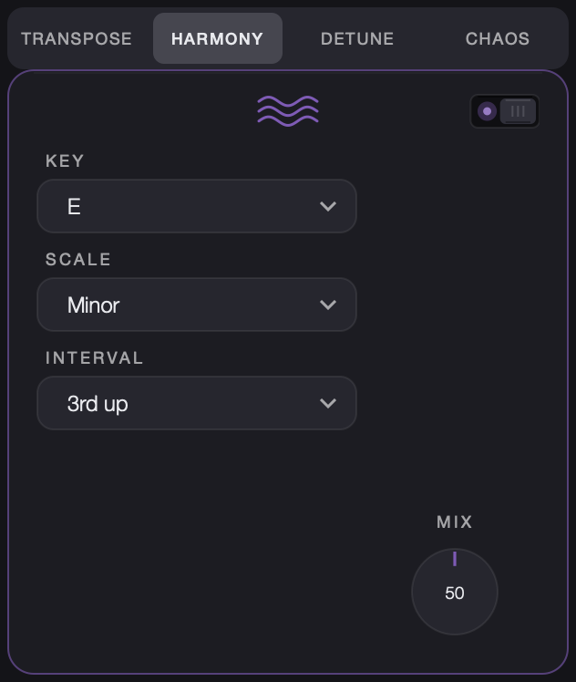 Harmony tab: key, scale, interval and mix