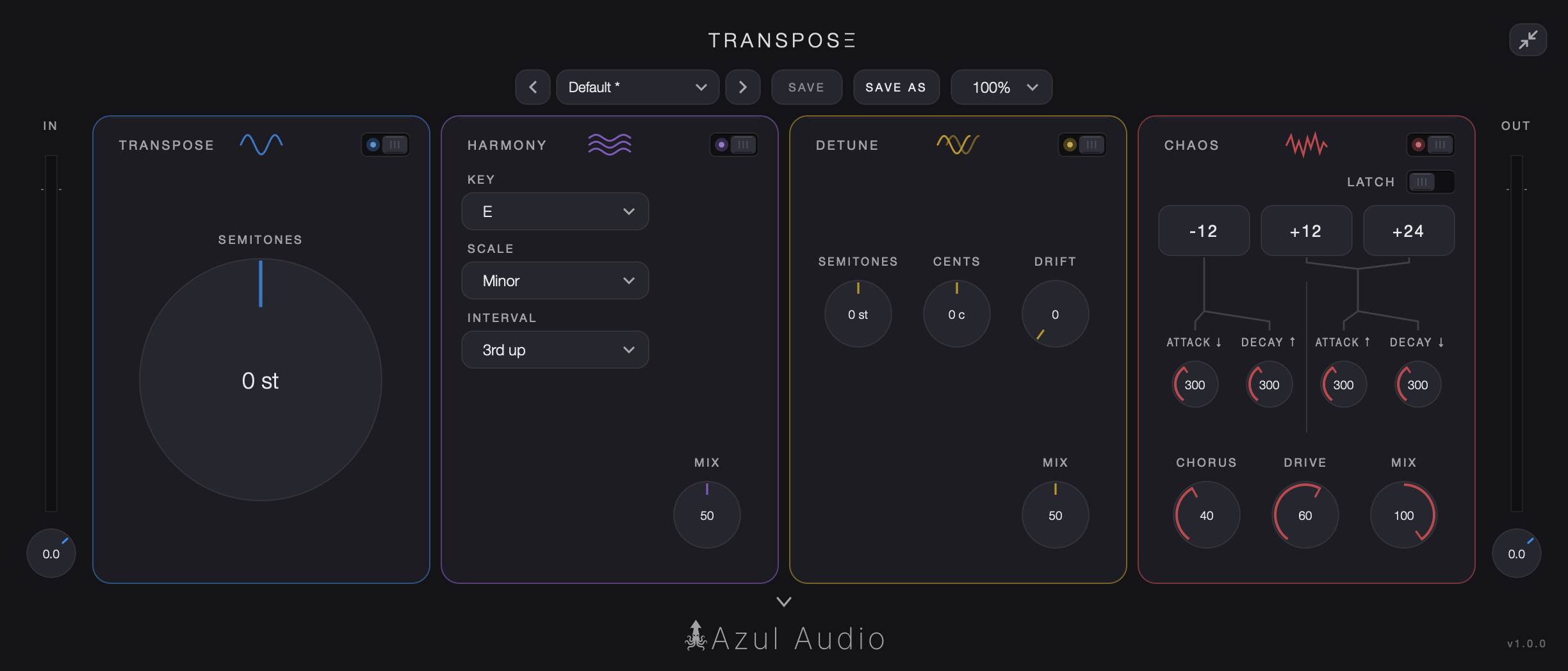 Transpose plugin with all four effects on: Transpose, Harmony, Detune and Chaos